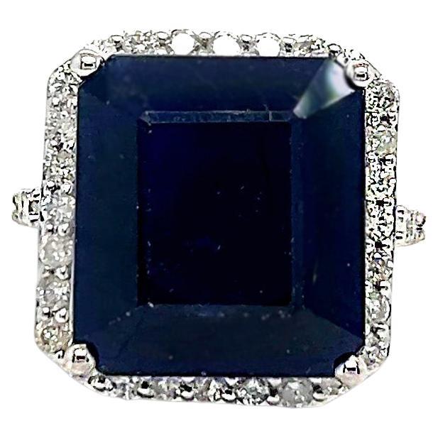 Emerald Cut Sapphire with Diamond Halo Statement Ring For Sale