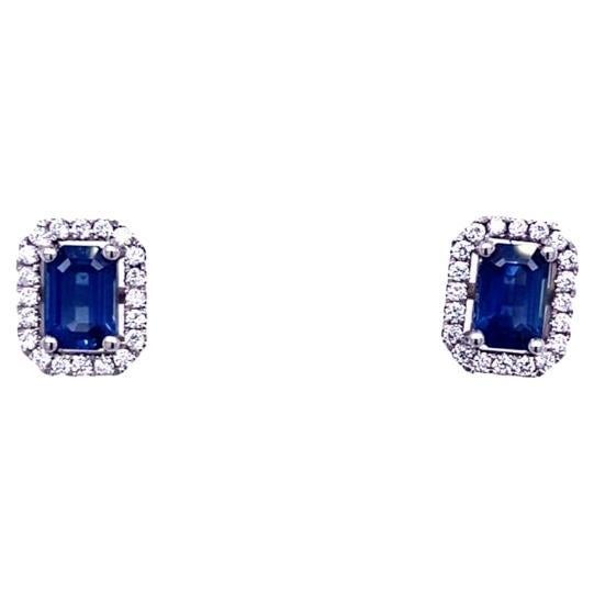 Emerald Cut Sapphires 1.37ct Earrings Surrounded by 0.33ct of Diamonds For Sale