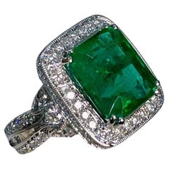 Emerald Cut Shape Emerald Halo Diamond 18K White Gold Classic Statement Ring