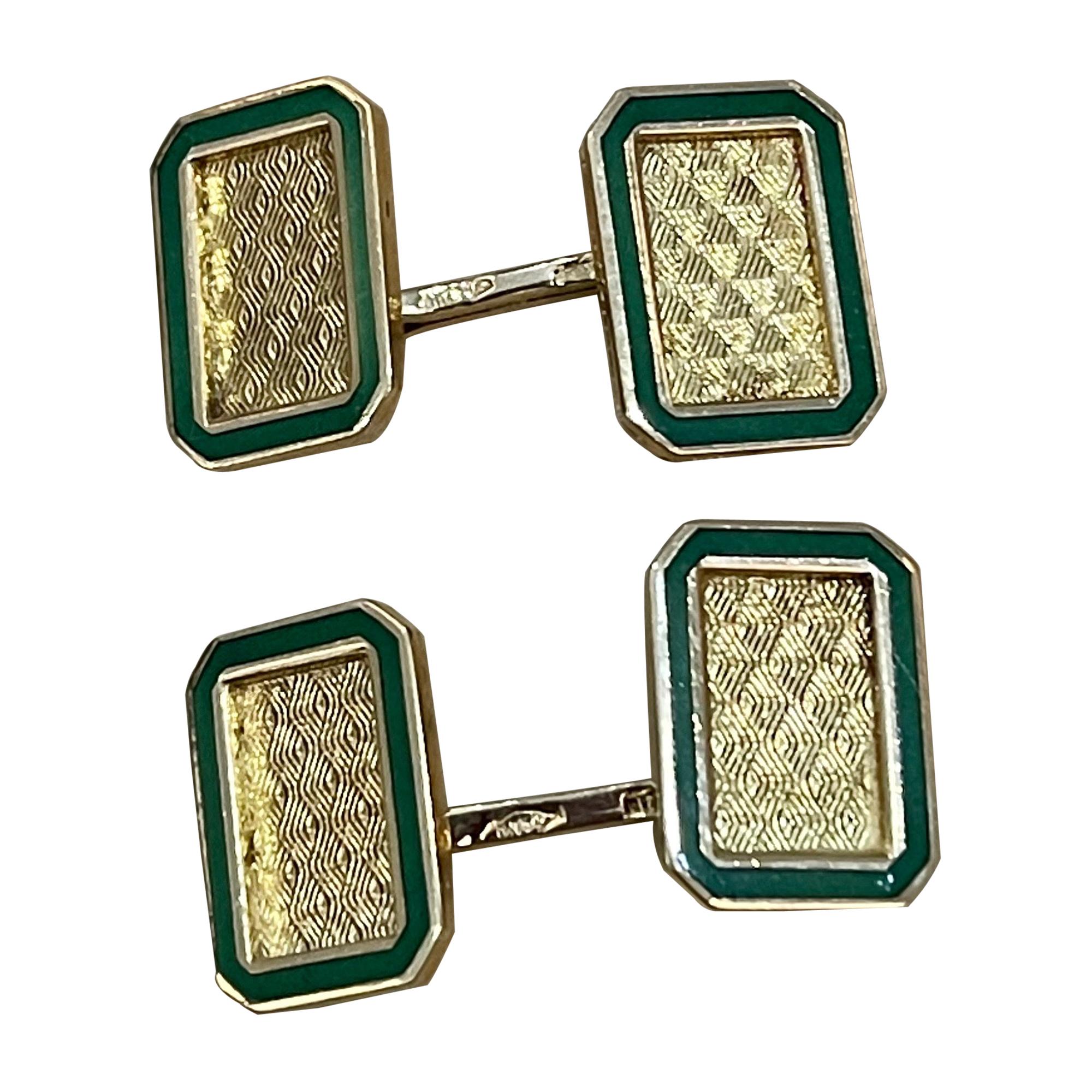 Emerald Cut Shape Green Enamel Cufflinks in 18 Karat Yellow Gold 13 Gm, Men's