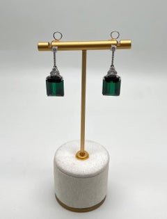 Emerald Cut Shape Green Tourmaline White Diamond 18K White Gold Drop Earrings