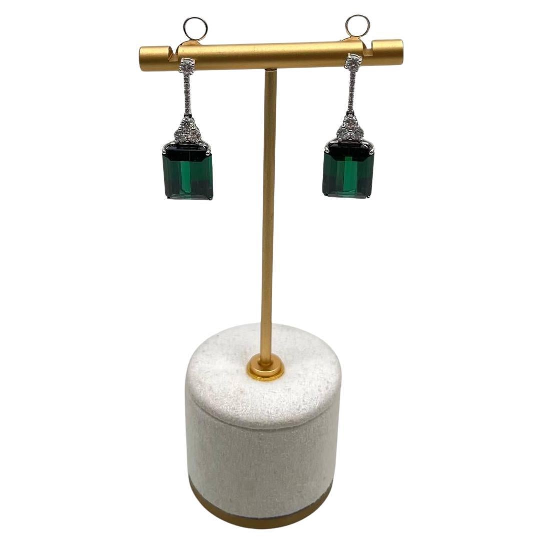 Emerald Cut Shape Green Tourmaline White Diamond 18K White Gold Drop Earrings