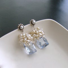 Emerald Cut Sky Blue Topaz Seed Pearl Rainbow Moonstone Cluster Earrings, Diana