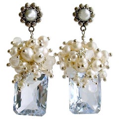 Emerald Cut Sky Blue Topaz Seed Pearl Rainbow Moonstone Cluster Earrings, Diana