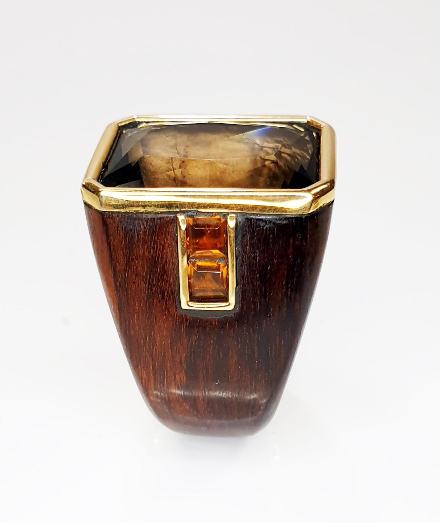Contemporary Emerald Cut 17.5ct Smoked Quartz 18k Gold in African Ebony Ring