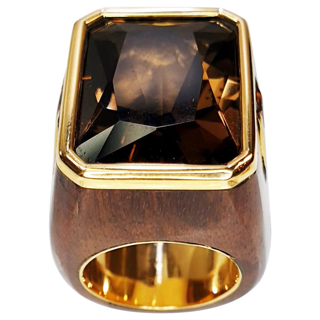 Emerald Cut 17.5ct Smoked Quartz 18k Gold in African Ebony Ring