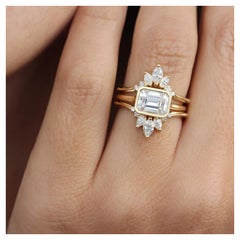Emerald Cut Solitaire Bezel East West Moissanite Engagement Ring & Ring Guard
