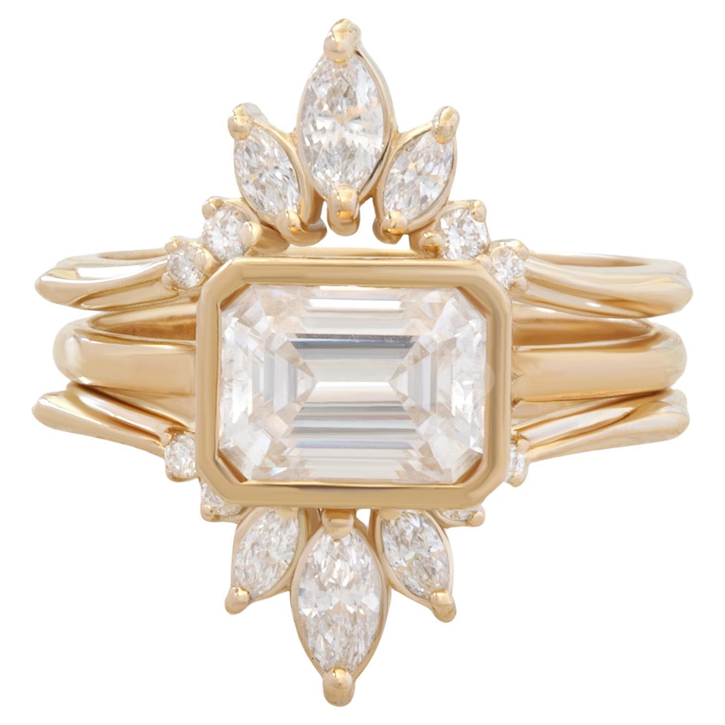 Emerald Cut Solitaire Bezel Set East West Diamond Engagement Ring & Ring Guard