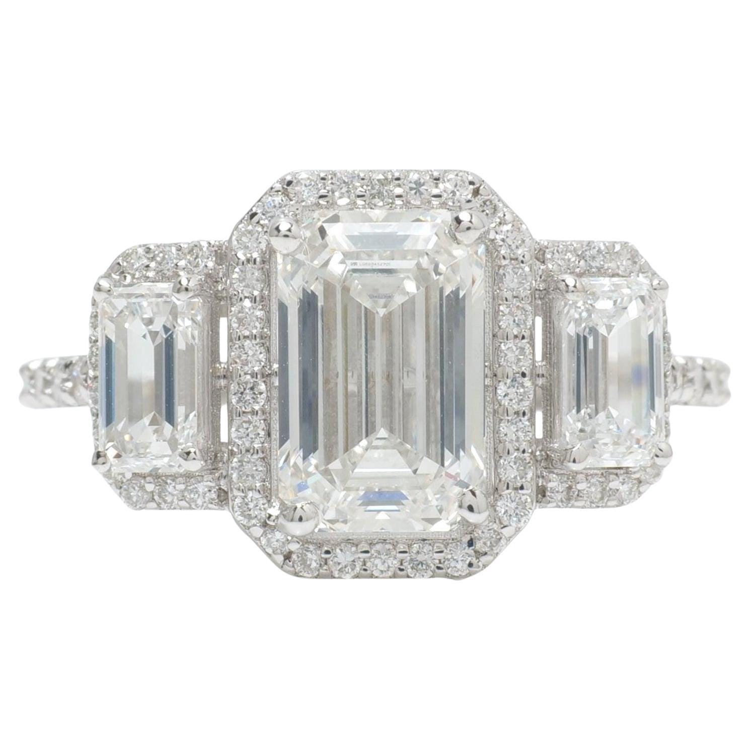 Emerald Cut Solitaire Halo Natural Diamond Ring in 14K Solid Gold (Certified)