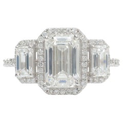 Emerald Cut Solitaire Halo Natural Diamond Ring in 14K Solid Gold (Certified)