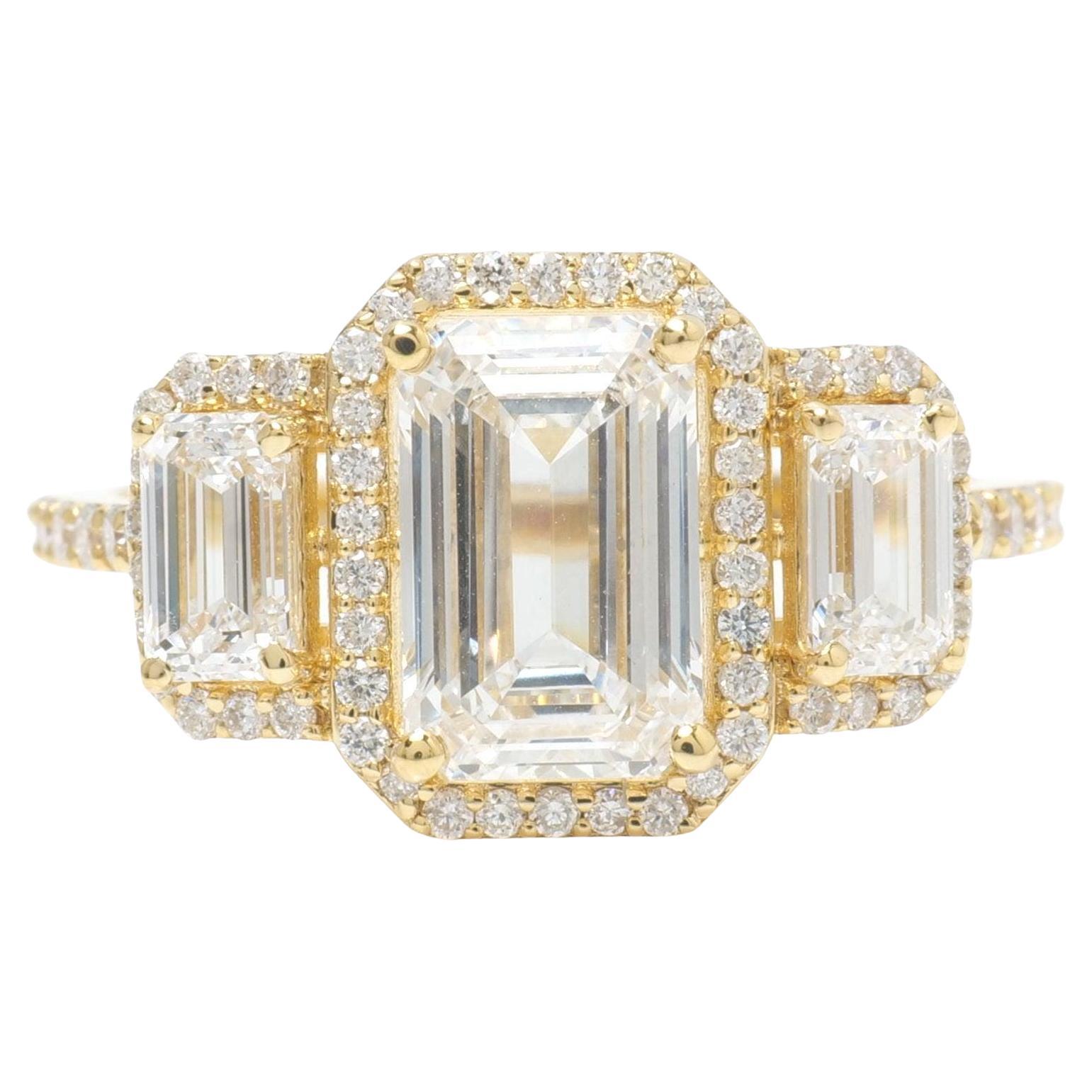 Emerald Cut Solitaire Halo Natural Diamond Ring in 14K Solid Gold (Certified)