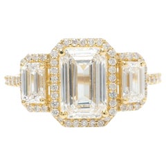 Anello con diamante naturale aureolato con taglio smeraldo in oro massiccio 14K (certificato)