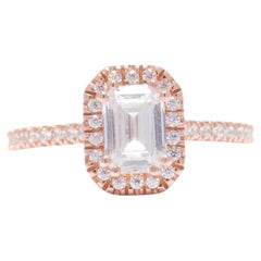 Emerald Cut Solitaire Natural Diamond Halo Ring in 14K Solid Gold (Certified)