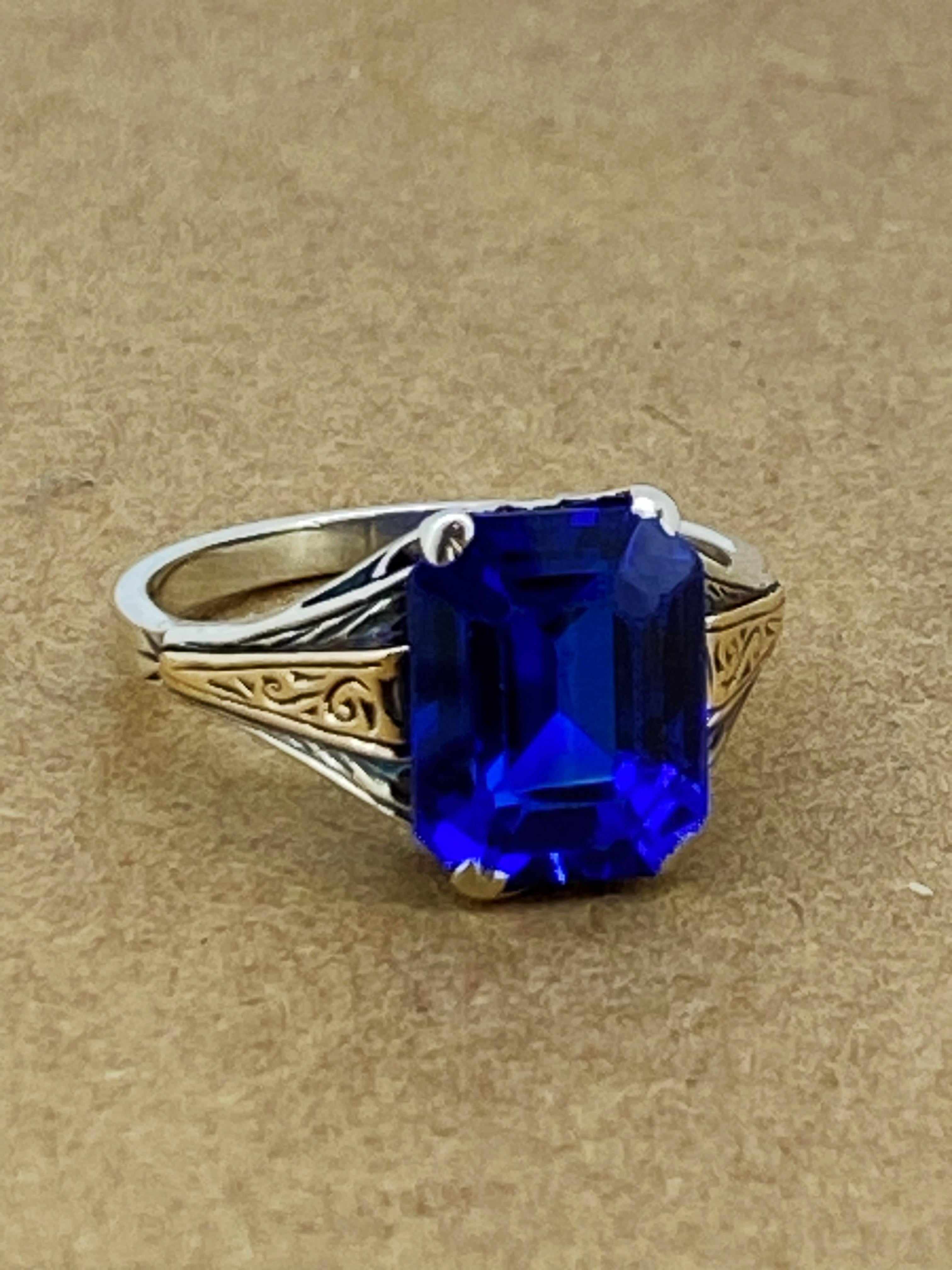 Emerald Cut Synthetic Sapphire Solitaire Retro Ring in 9K Yellow & White Gold For Sale 2
