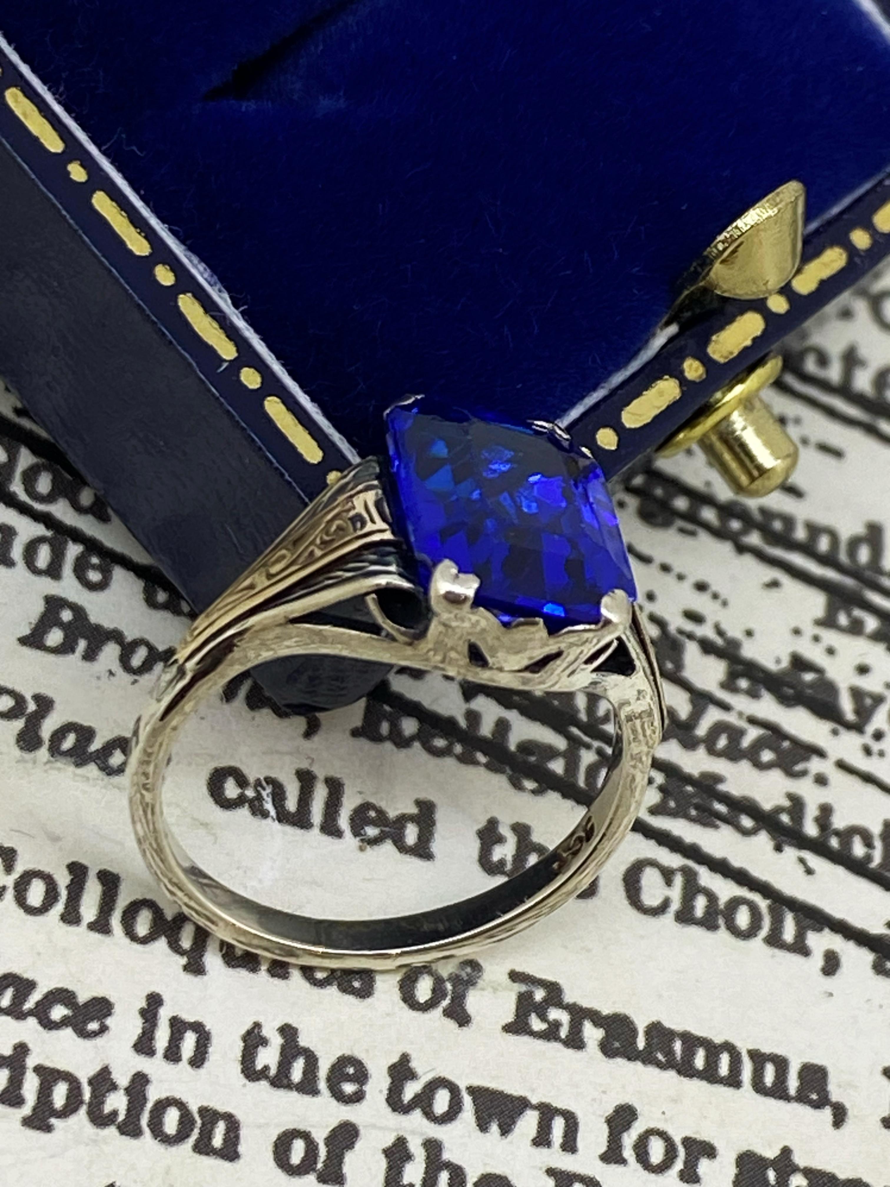 Emerald Cut Synthetic Sapphire Solitaire Retro Ring in 9K Yellow & White Gold For Sale 3
