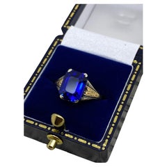 Emerald Cut Synthetic Sapphire Solitaire Retro Ring in 9K Yellow & White Gold
