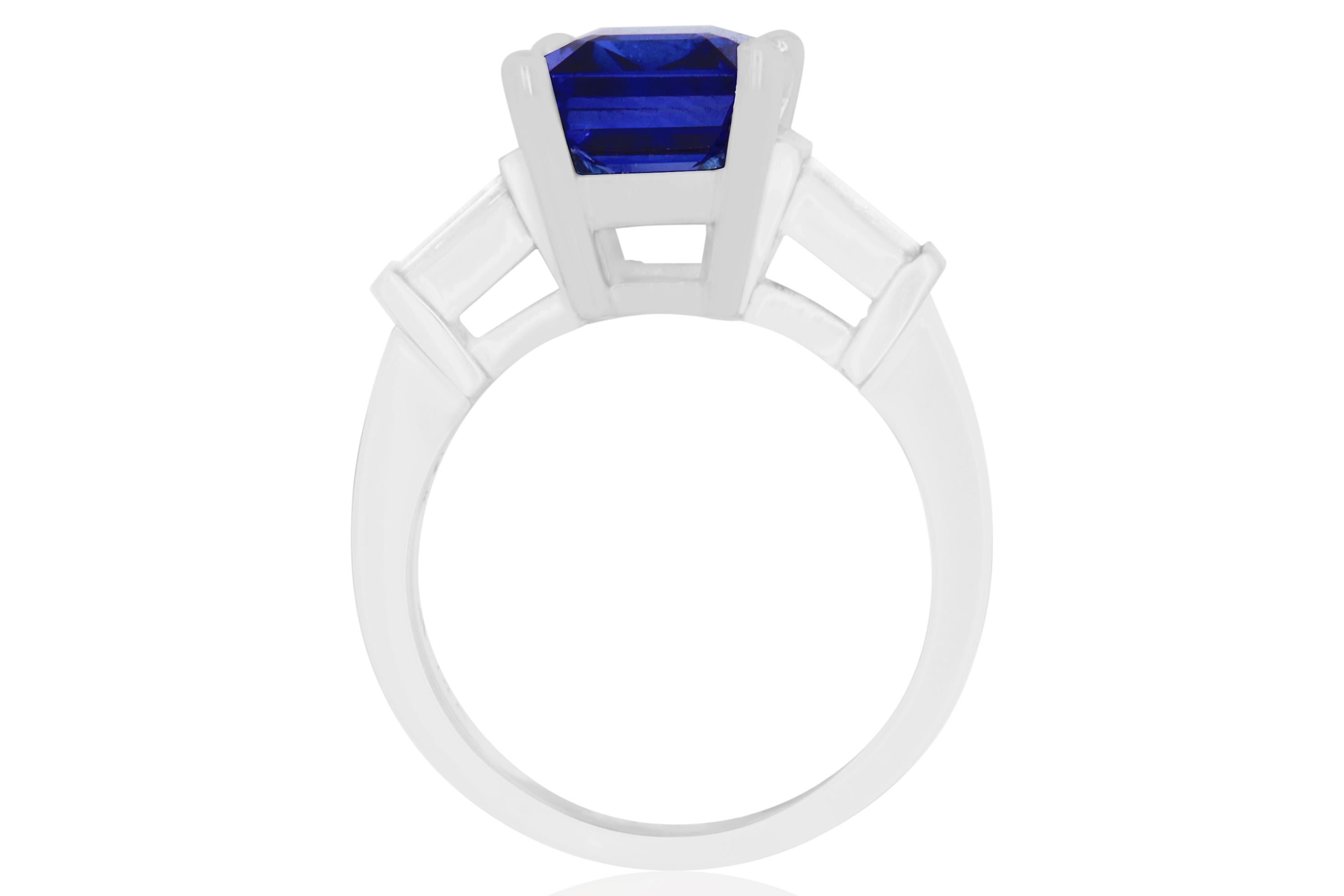 Contemporary Emerald Cut Tanzanite and Baguette Diamond Engagement Ring