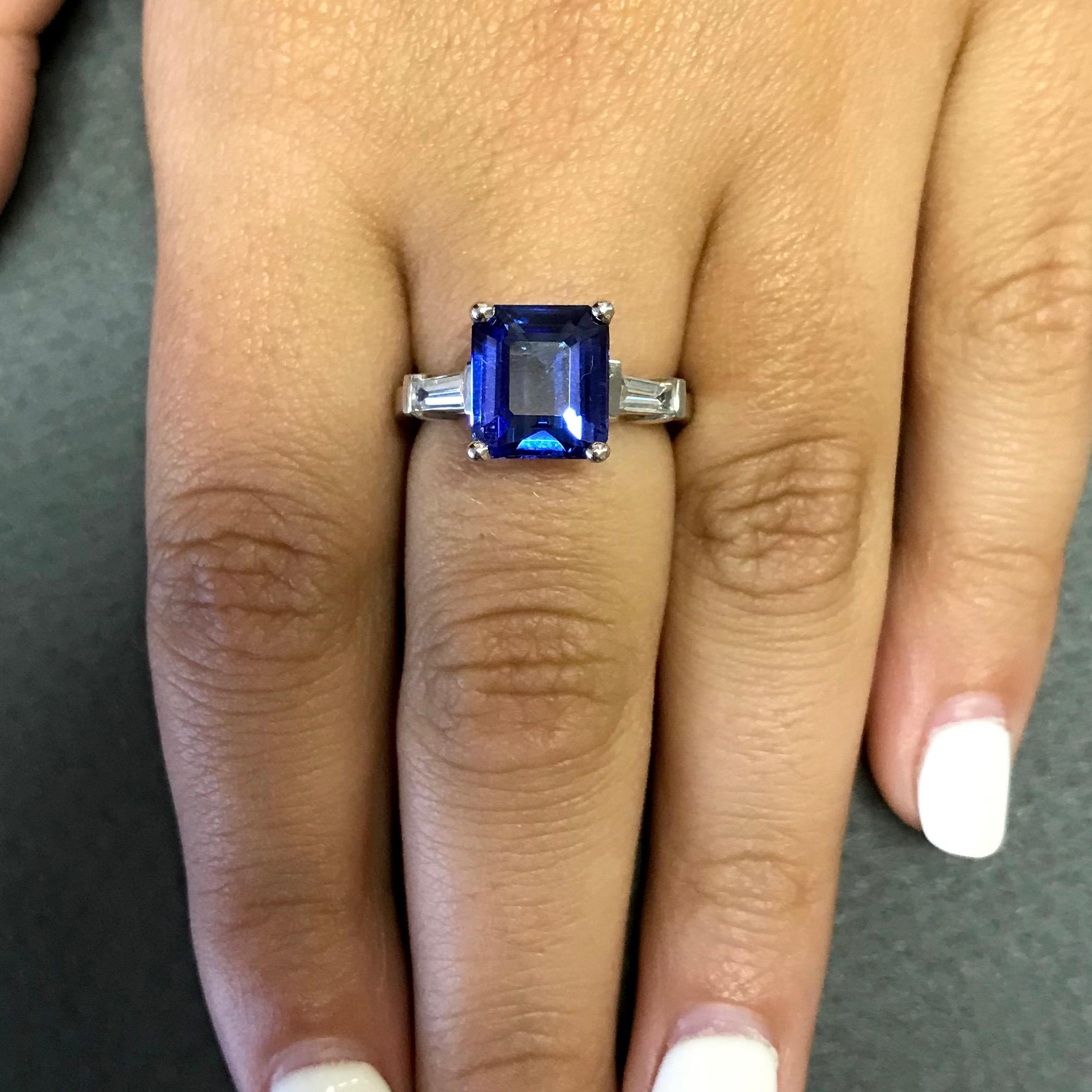 Emerald Cut Tanzanite and Baguette Diamond Engagement Ring In New Condition In GREAT NECK, NY