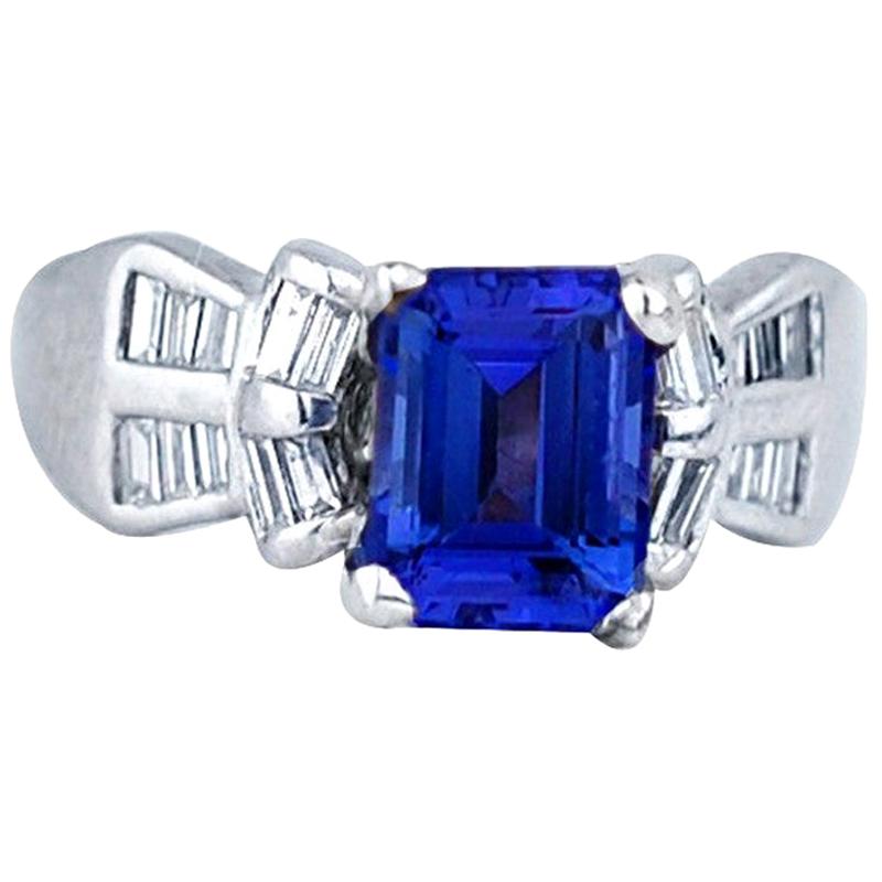 Emerald Cut Tanzanite and Baguette Diamonds Ring Platinum For Sale