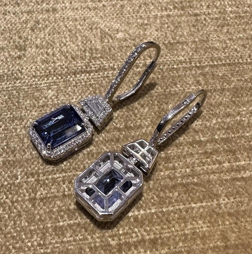 Emerald Cut Tanzanite and Diamond Drop Earrings in 18k White Gold In Excellent Condition For Sale In La Jolla, CA