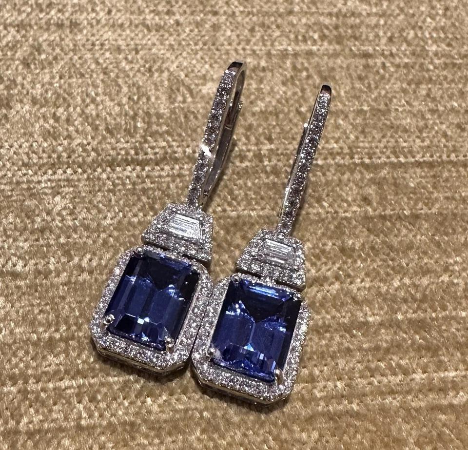 Women's Emerald Cut Tanzanite and Diamond Drop Earrings in 18k White Gold For Sale