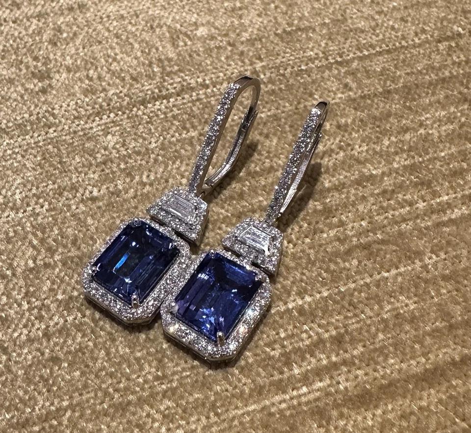 Emerald Cut Tanzanite and Diamond Drop Earrings in 18k White Gold For Sale 1