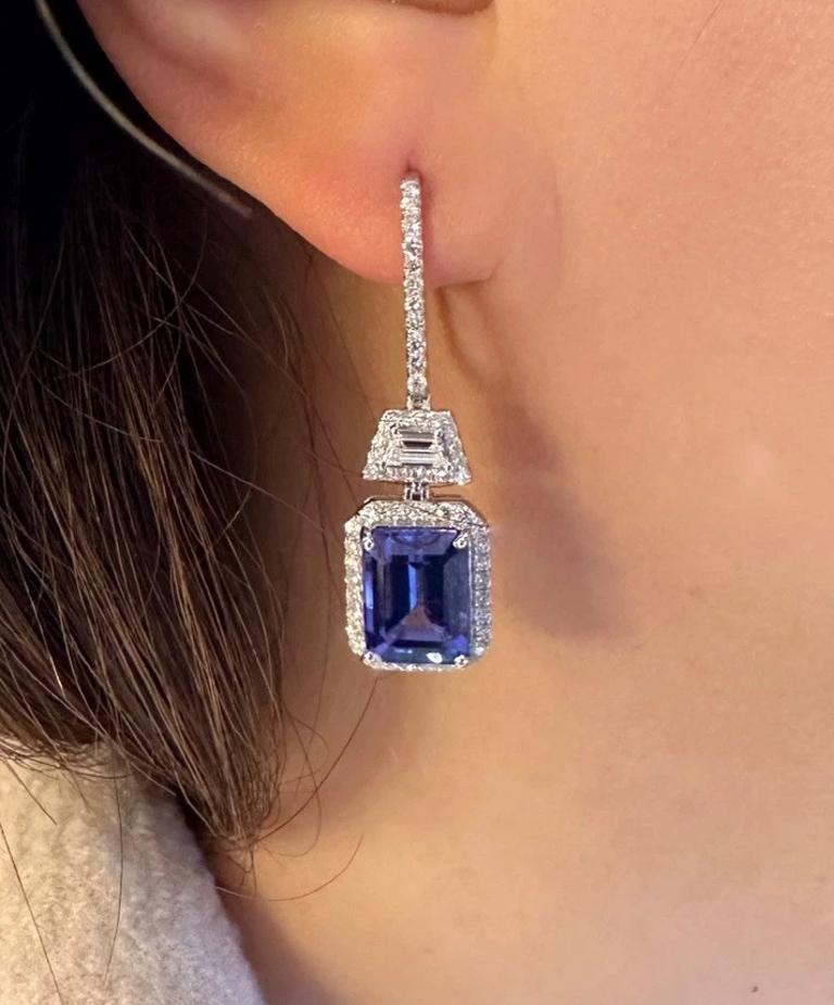 Emerald Cut Tanzanite and Diamond Drop Earrings in 18k White Gold For Sale 2
