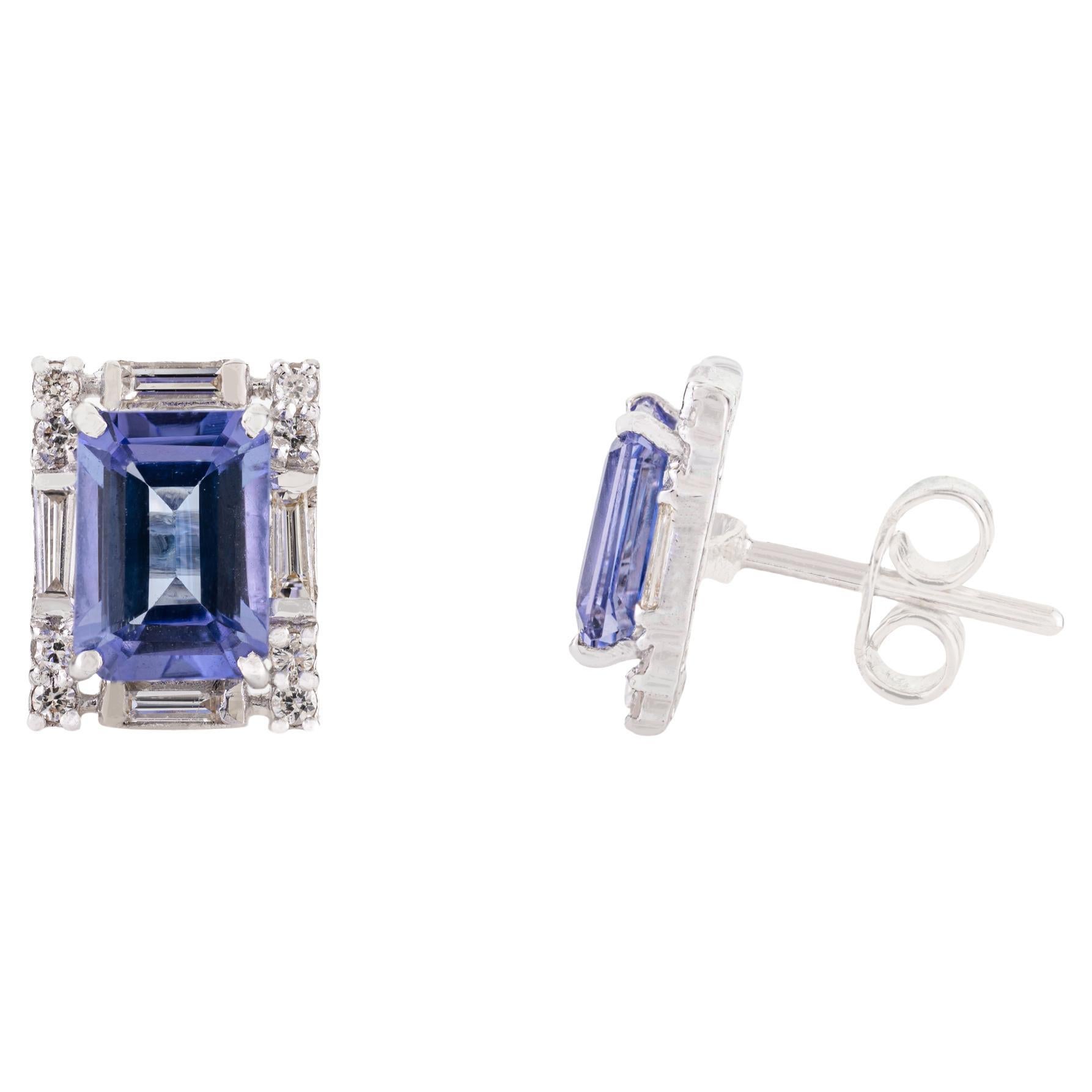 Emerald Cut Tanzanite & Baguette Diamond Stud Earrings 2.15ct 14K White Gold