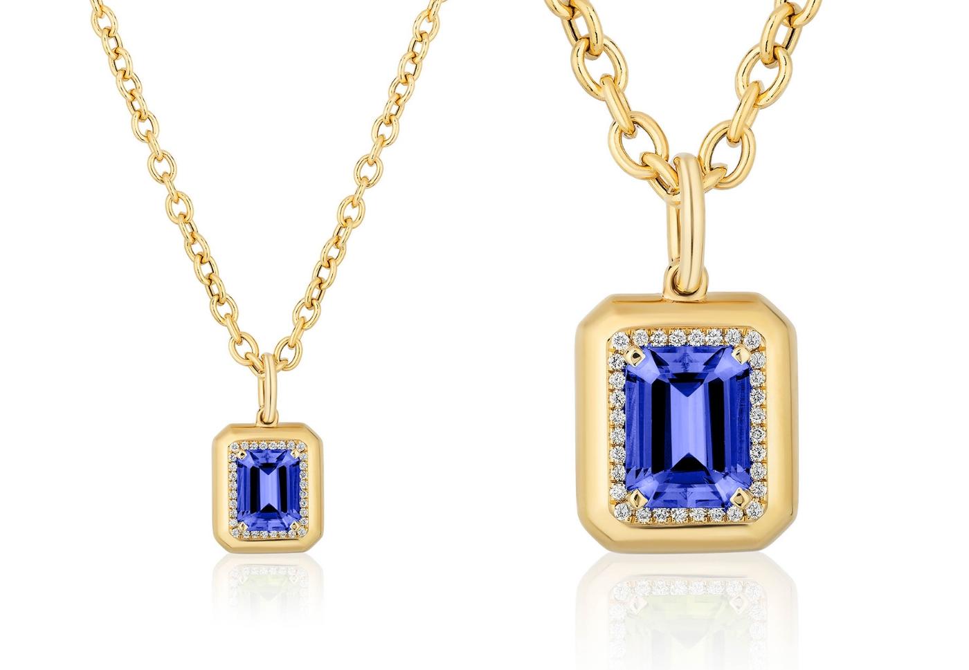 Pendentif en or jaune 18 carats Tanzanite taille émeraude et diamant Neuf - En vente à New York, NY