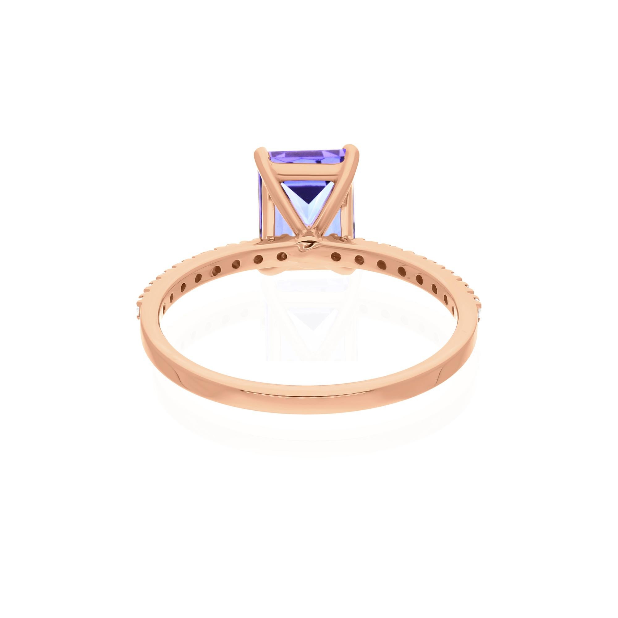 Modern Emerald Cut Tanzanite Gemstone Ring Diamond 18 Karat Rose Gold Handmade Jewelry For Sale