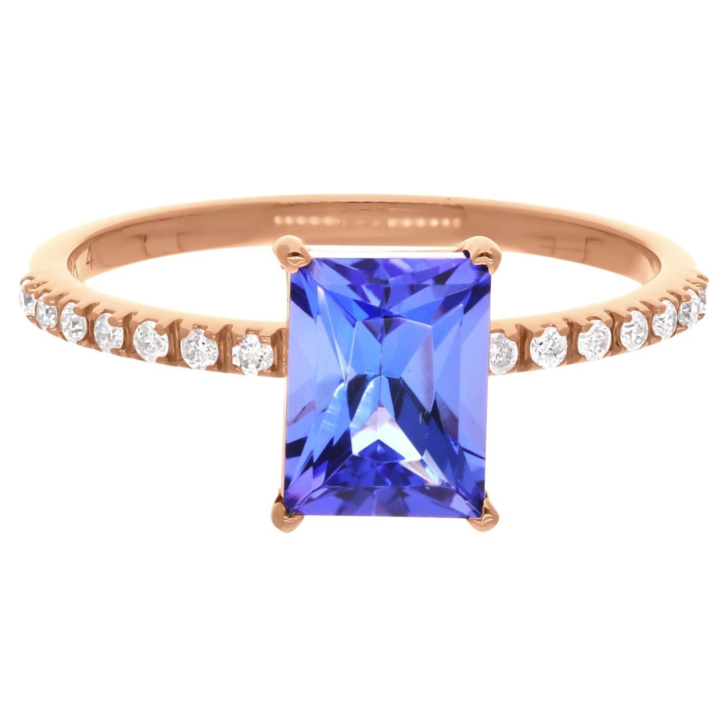 Emerald Cut Tanzanite Gemstone Ring Diamond 18 Karat Rose Gold Handmade Jewelry For Sale