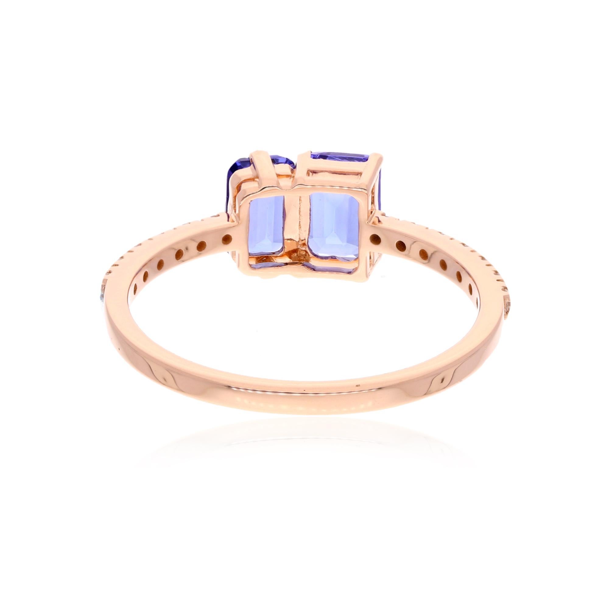 Modern Emerald Cut Tanzanite Gemstone Ring Diamond Pave 18 Karat Rose Gold Fine Jewelry For Sale