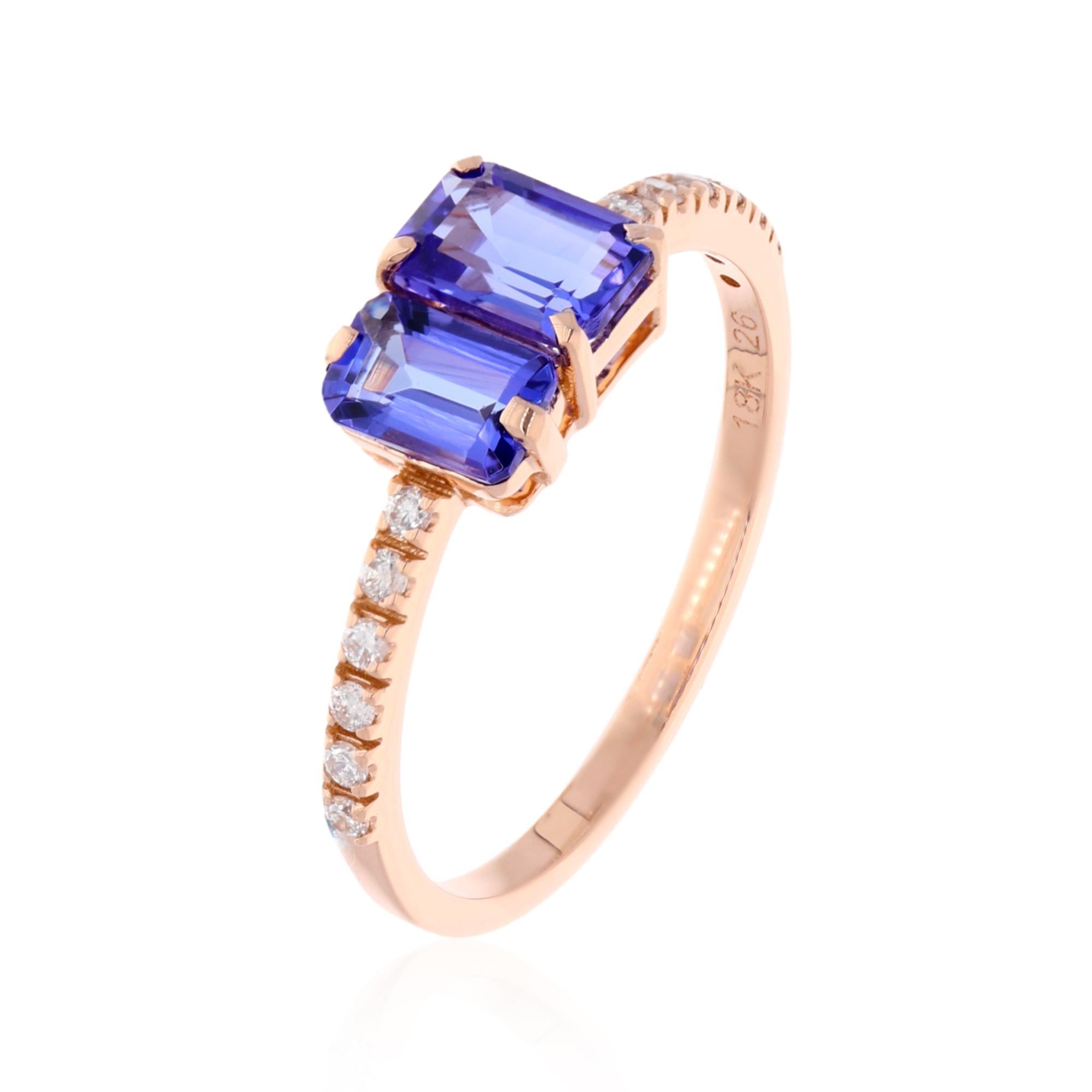 Women's Emerald Cut Tanzanite Gemstone Ring Diamond Pave 18 Karat Rose Gold Fine Jewelry For Sale