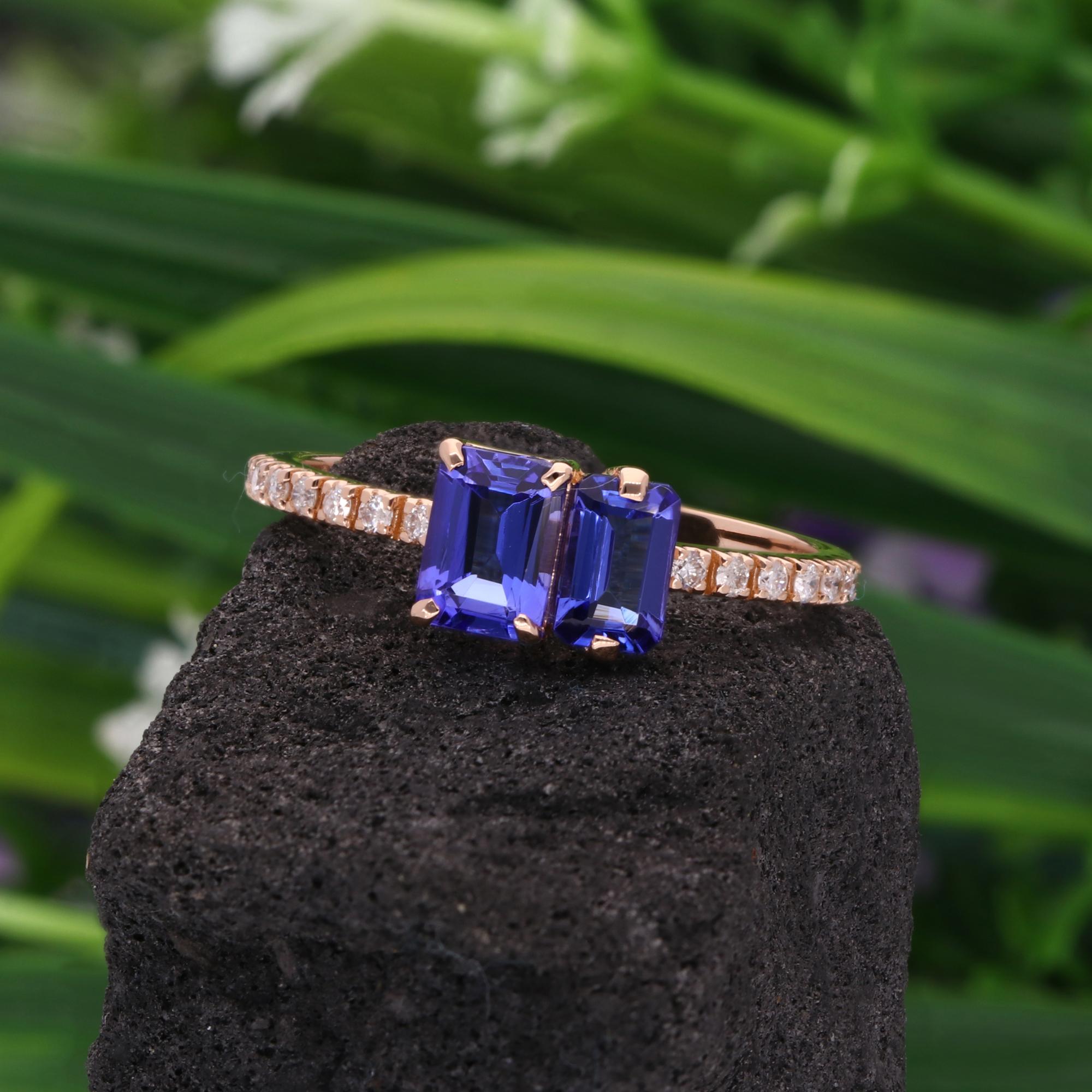 Emerald Cut Tanzanite Gemstone Ring Diamond Pave 18 Karat Rose Gold Fine Jewelry For Sale 1