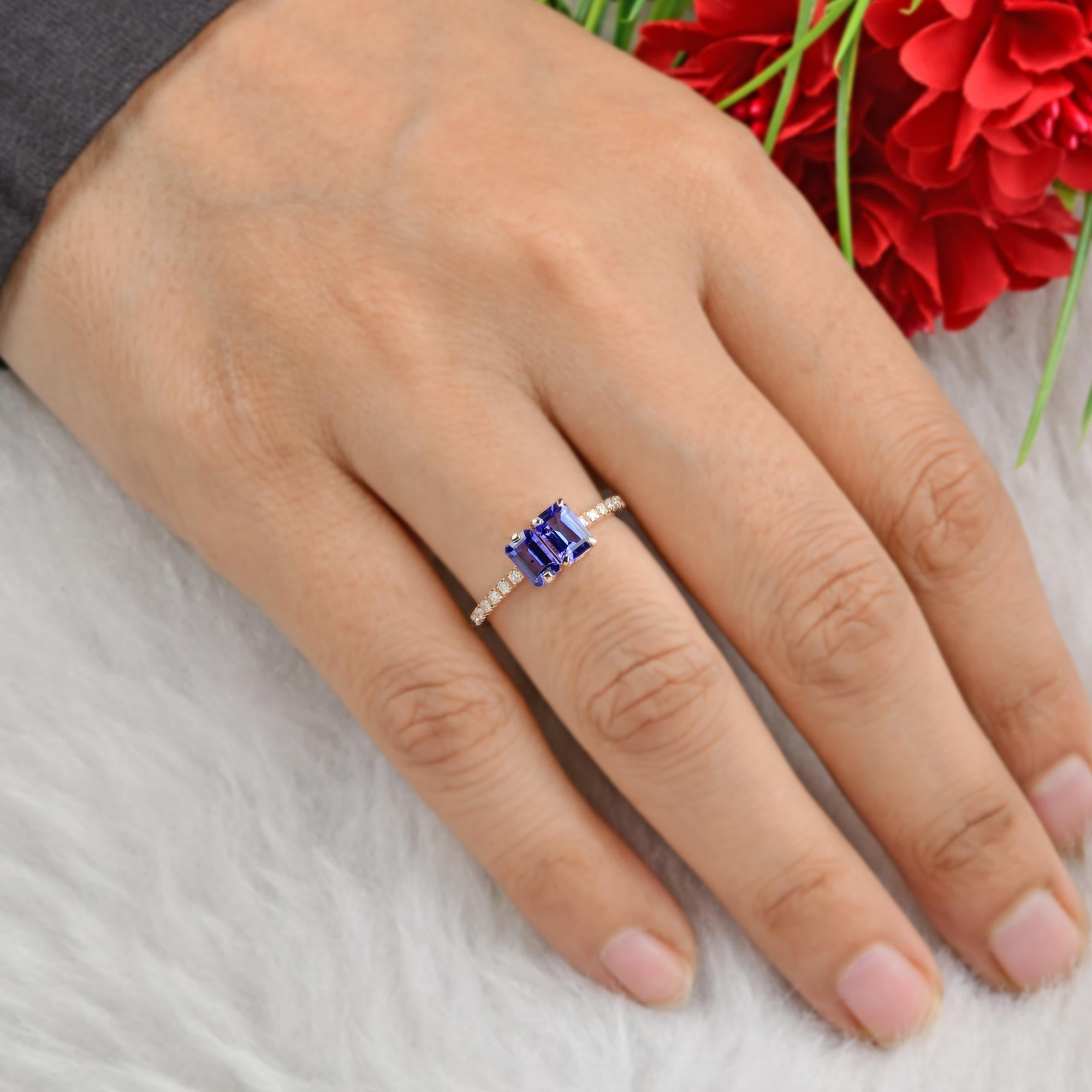 Emerald Cut Tanzanite Gemstone Ring Diamond Pave 18 Karat Rose Gold Fine Jewelry For Sale 2