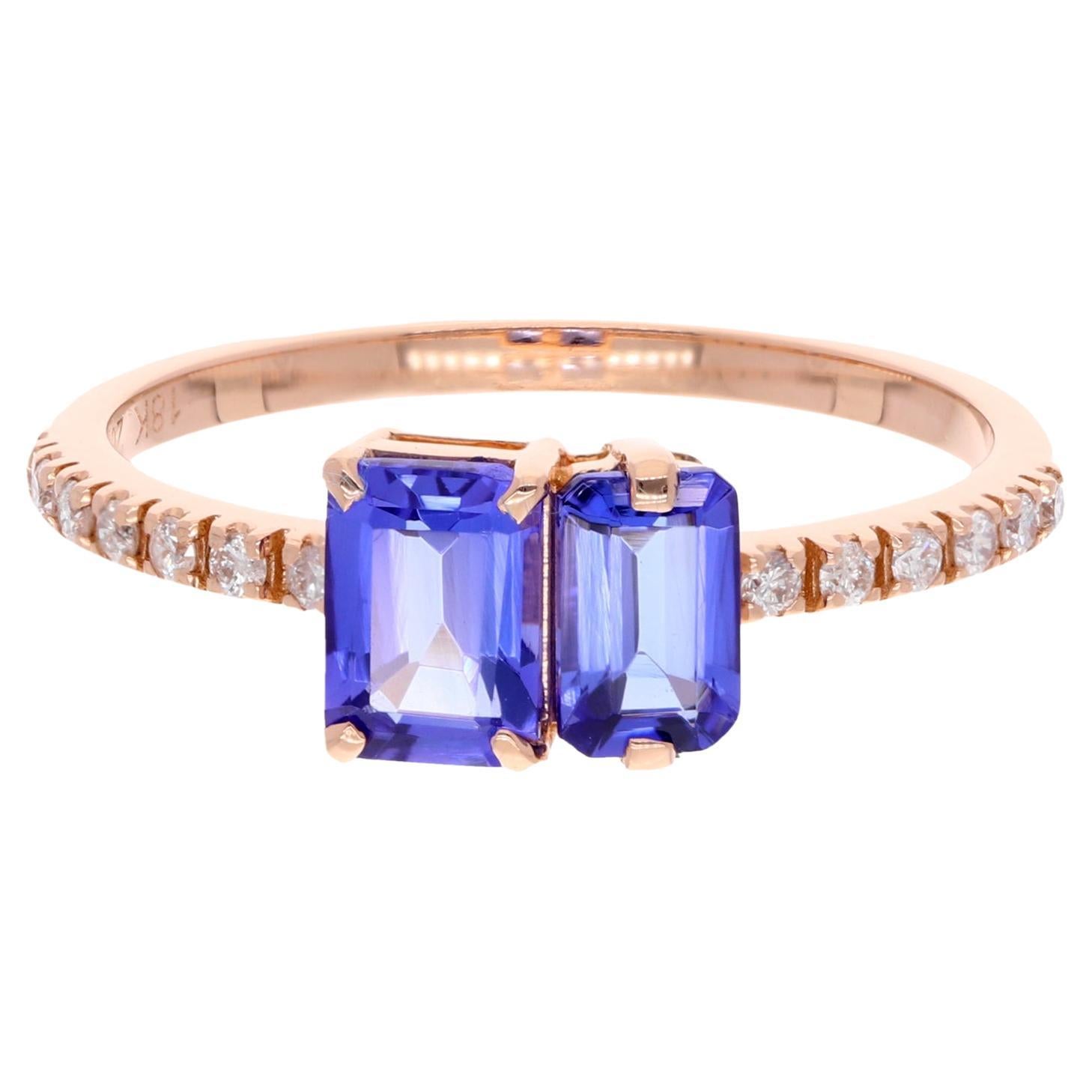 Emerald Cut Tanzanite Gemstone Ring Diamond Pave 18 Karat Rose Gold Fine Jewelry For Sale