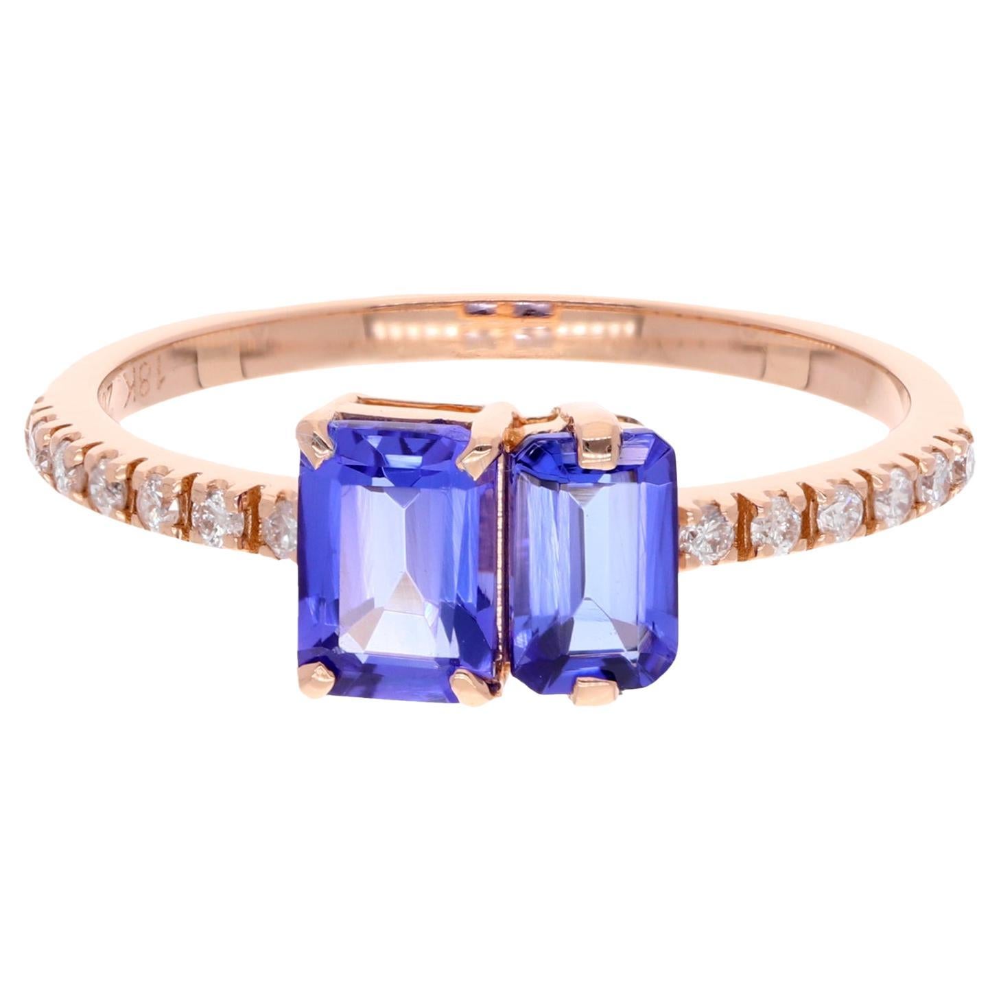 Anello con pietra preziosa tanzanite taglio smeraldo Pave di diamanti Oro rosa 18 carati Gioielli di pregio