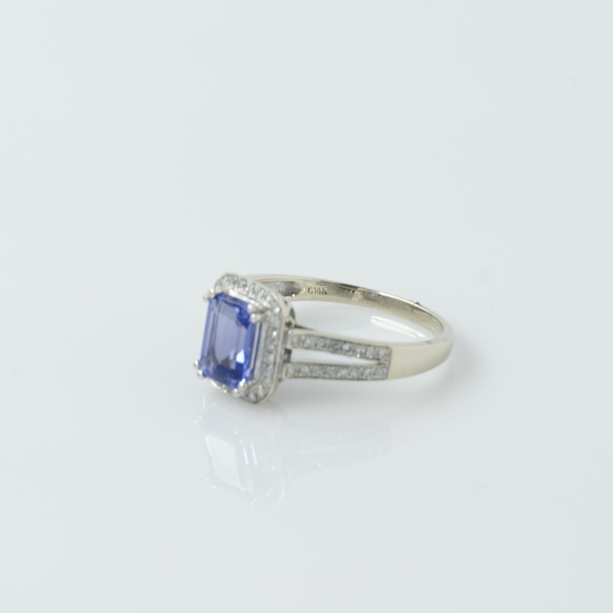 Size: 8.75
Metal Type: 14K White Gold 
Weight: 3.2G
Gold Melt Value: $150
Width: 10.97mm to 1.68mm at shank
Finger to Top of Ring: 5.85mm
Hallmarks:14K

Primary Gem Details: 
Type: Tanzanite
Quantity: 1
Cut: Emerald Cut
Carat Weight: Aprox