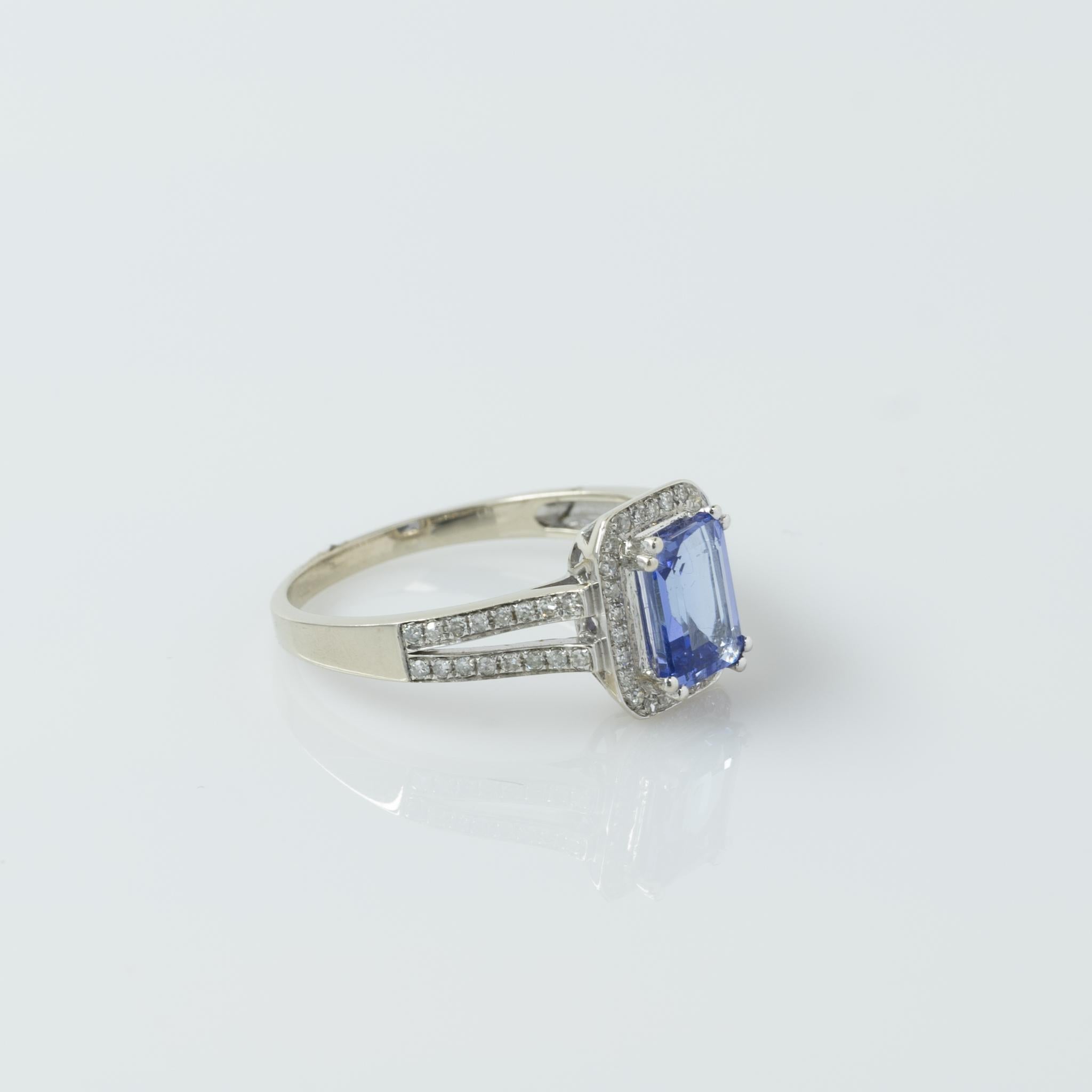 Emerald Cut Tanzanite in Diamond Halo Split Shank 14K White Gold Ring 1