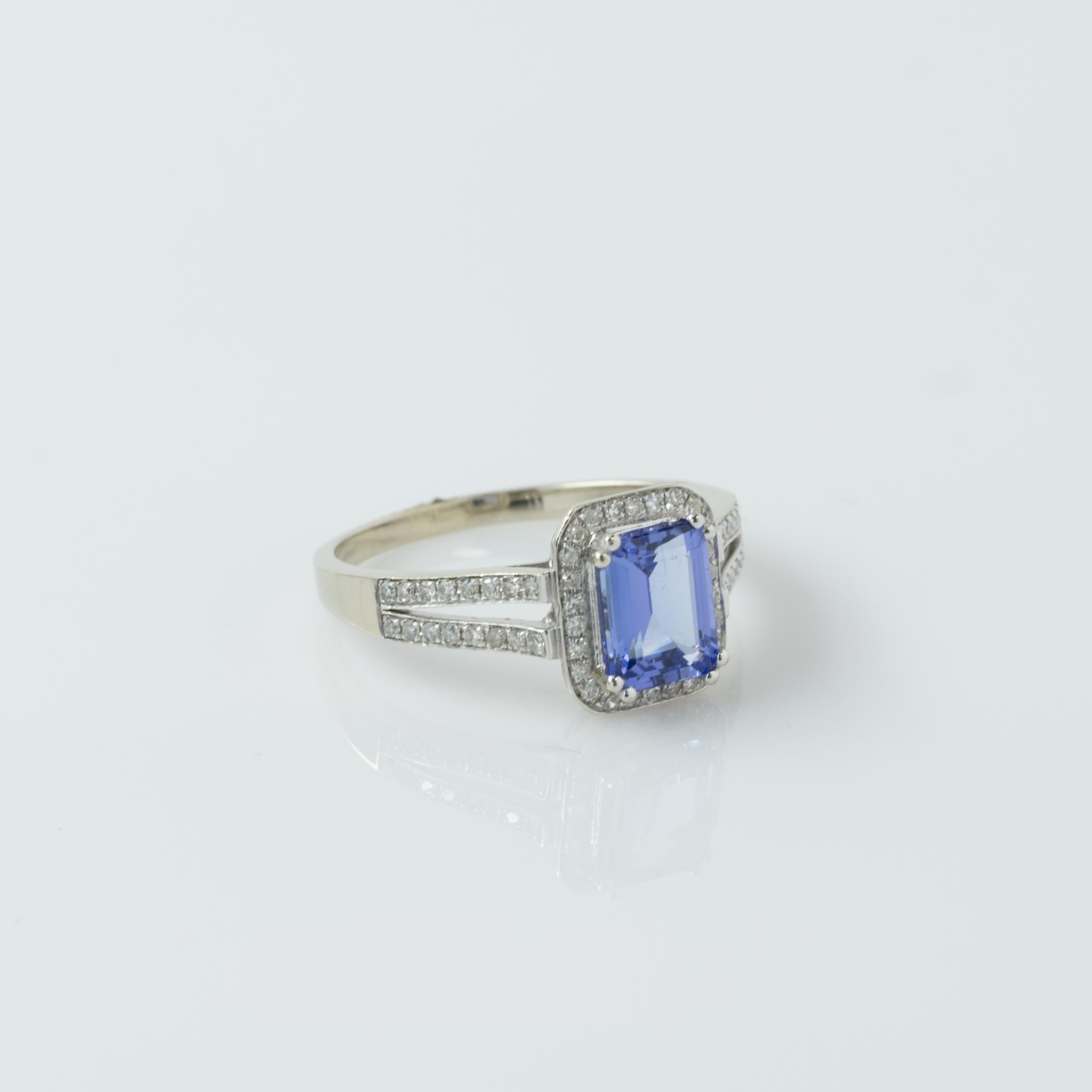 Emerald Cut Tanzanite in Diamond Halo Split Shank 14K White Gold Ring 2