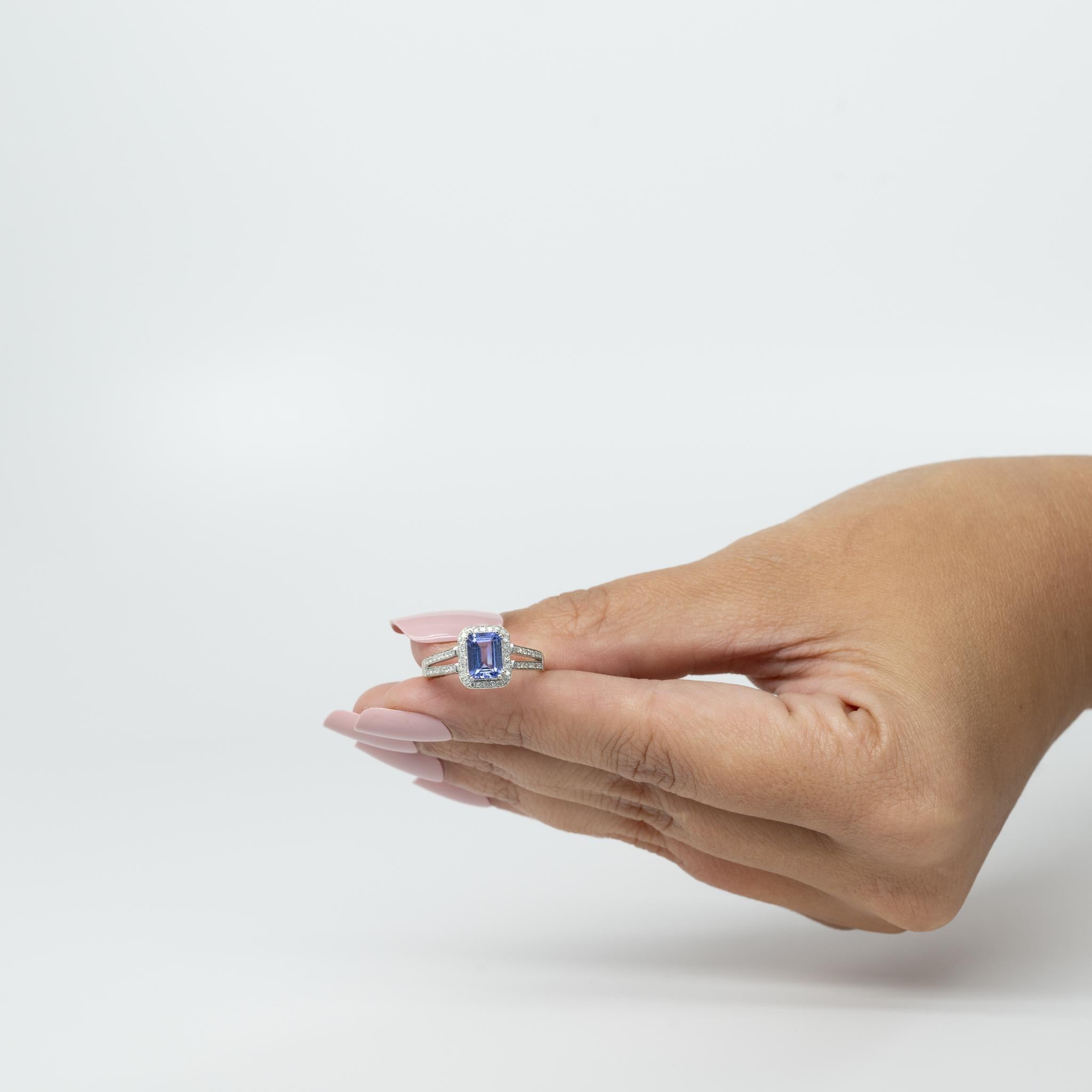 Emerald Cut Tanzanite in Diamond Halo Split Shank 14K White Gold Ring 3