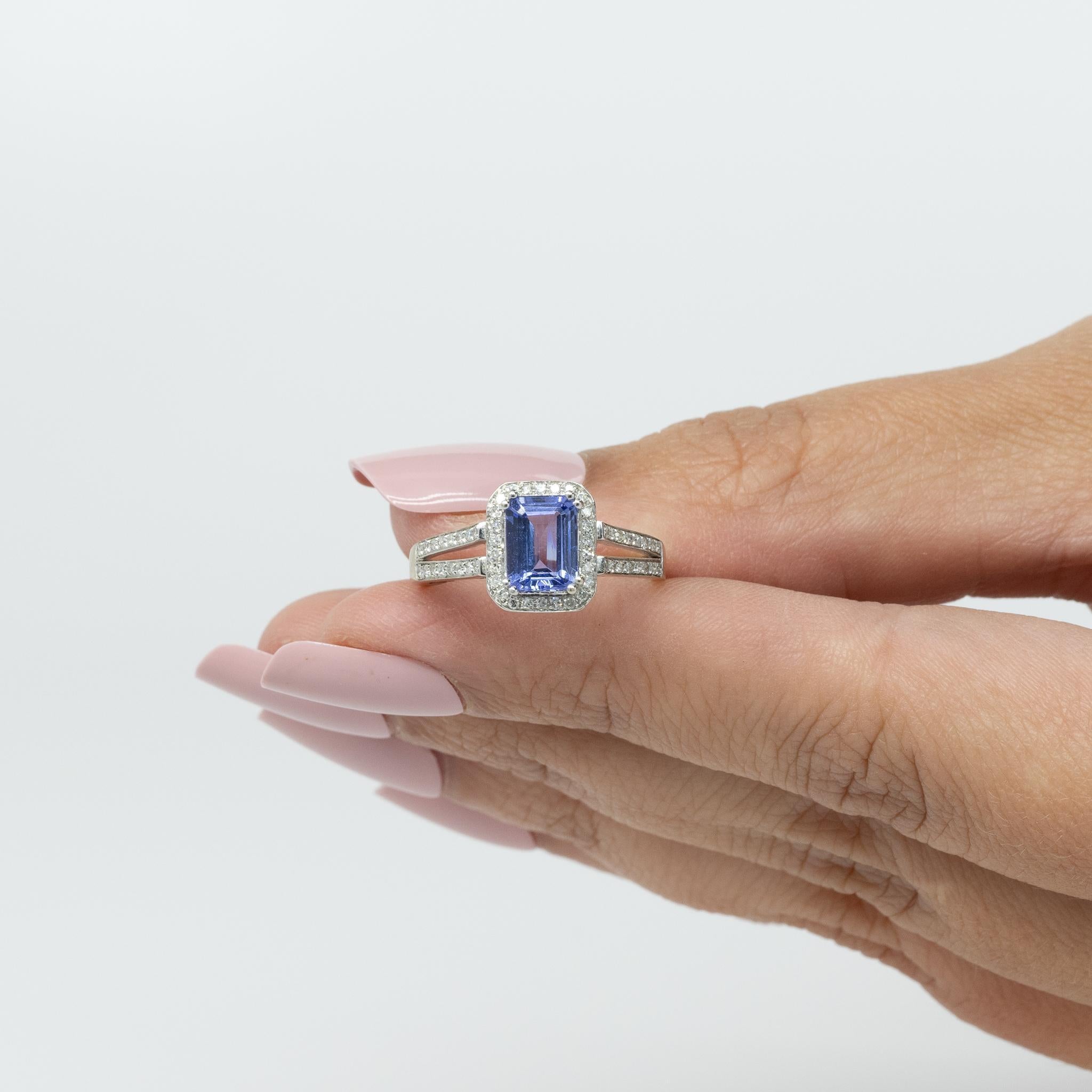 Emerald Cut Tanzanite in Diamond Halo Split Shank 14K White Gold Ring 4