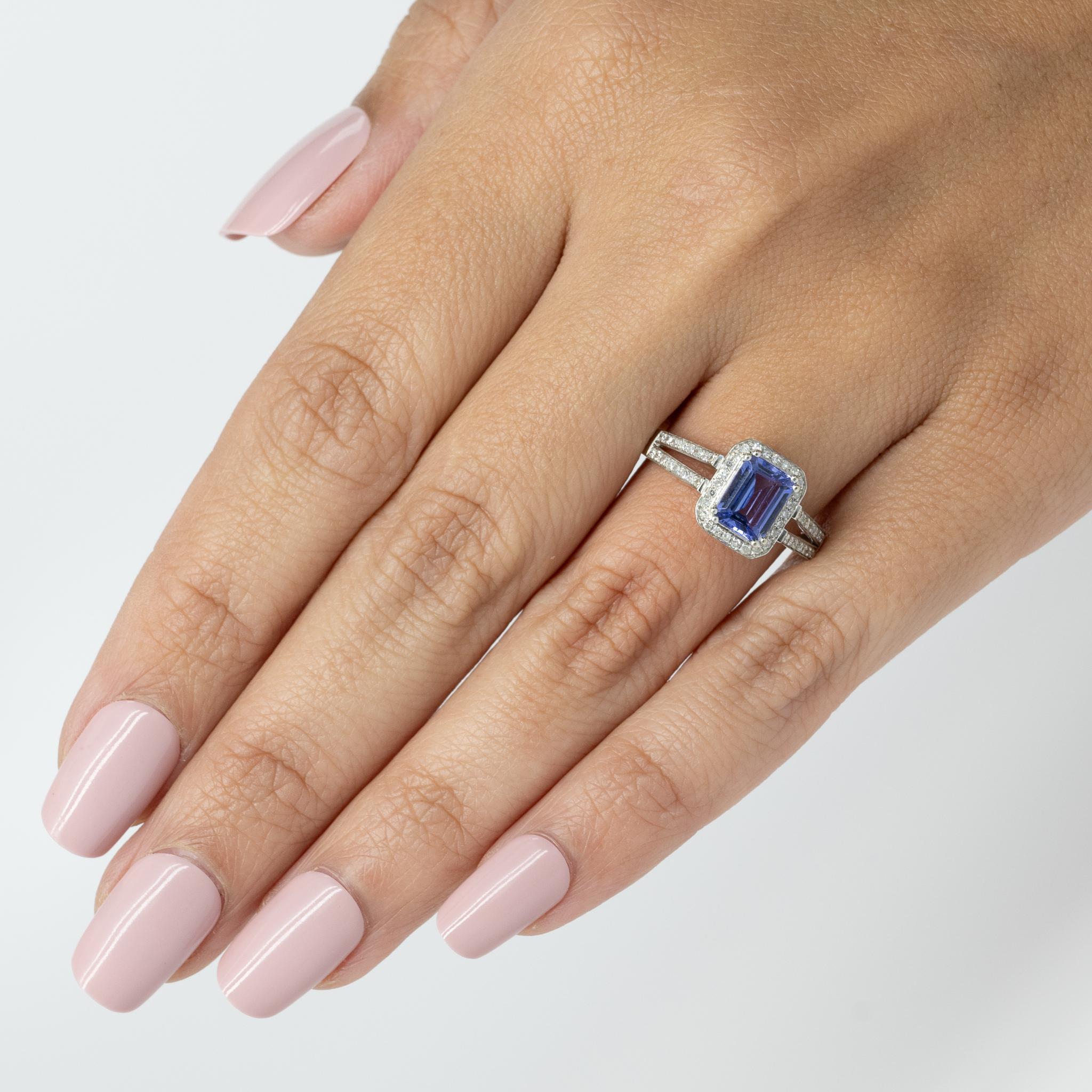 Emerald Cut Tanzanite in Diamond Halo Split Shank 14K White Gold Ring 5