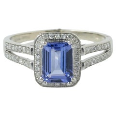 Emerald Cut Tanzanite in Diamond Halo Split Shank 14K White Gold Ring