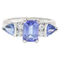 Emerald Cut Tanzanite & Round Brilliant Diamond 14-Karat Ring In Stock