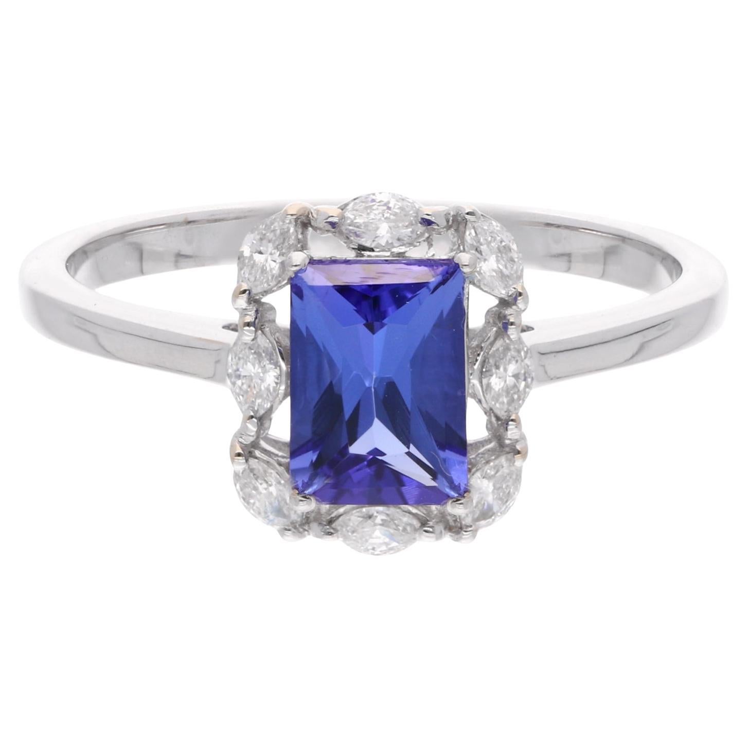For Sale:  Emerald Cut Tanzanite SI/H Diamond Halo 18 Karat White Gold Ring