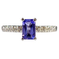 Emerald Cut Tanzanite Solitaire Ring, Diamond Shoulders, 18ct White Gold