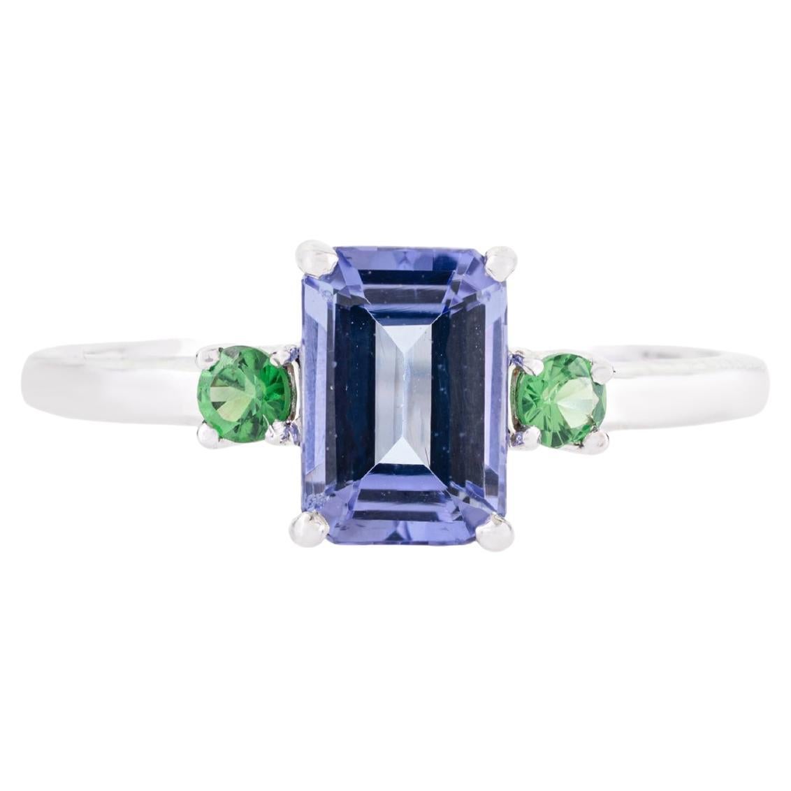 Emerald Cut Tanzanite & Tsavorite Three Stone Ring 1.13 Carat in 14K White Gold