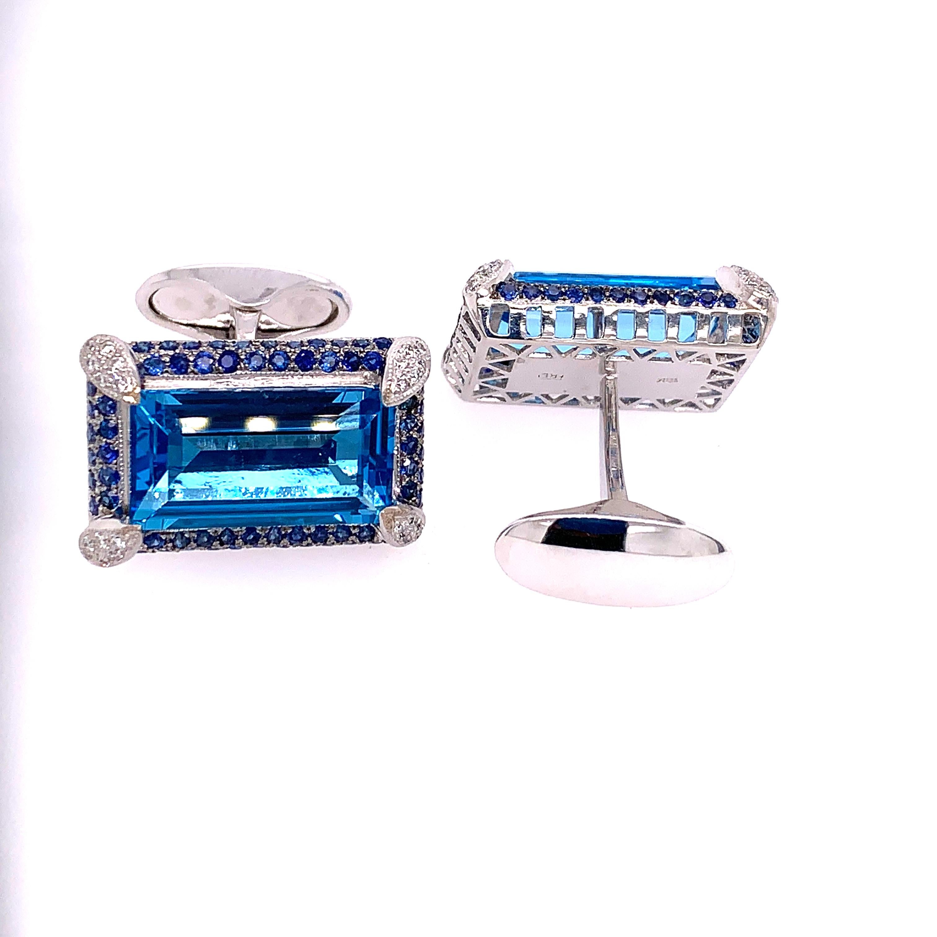 Contemporary Emerald Cut Topaz, Blue Sapphire and Diamond Cufflinks