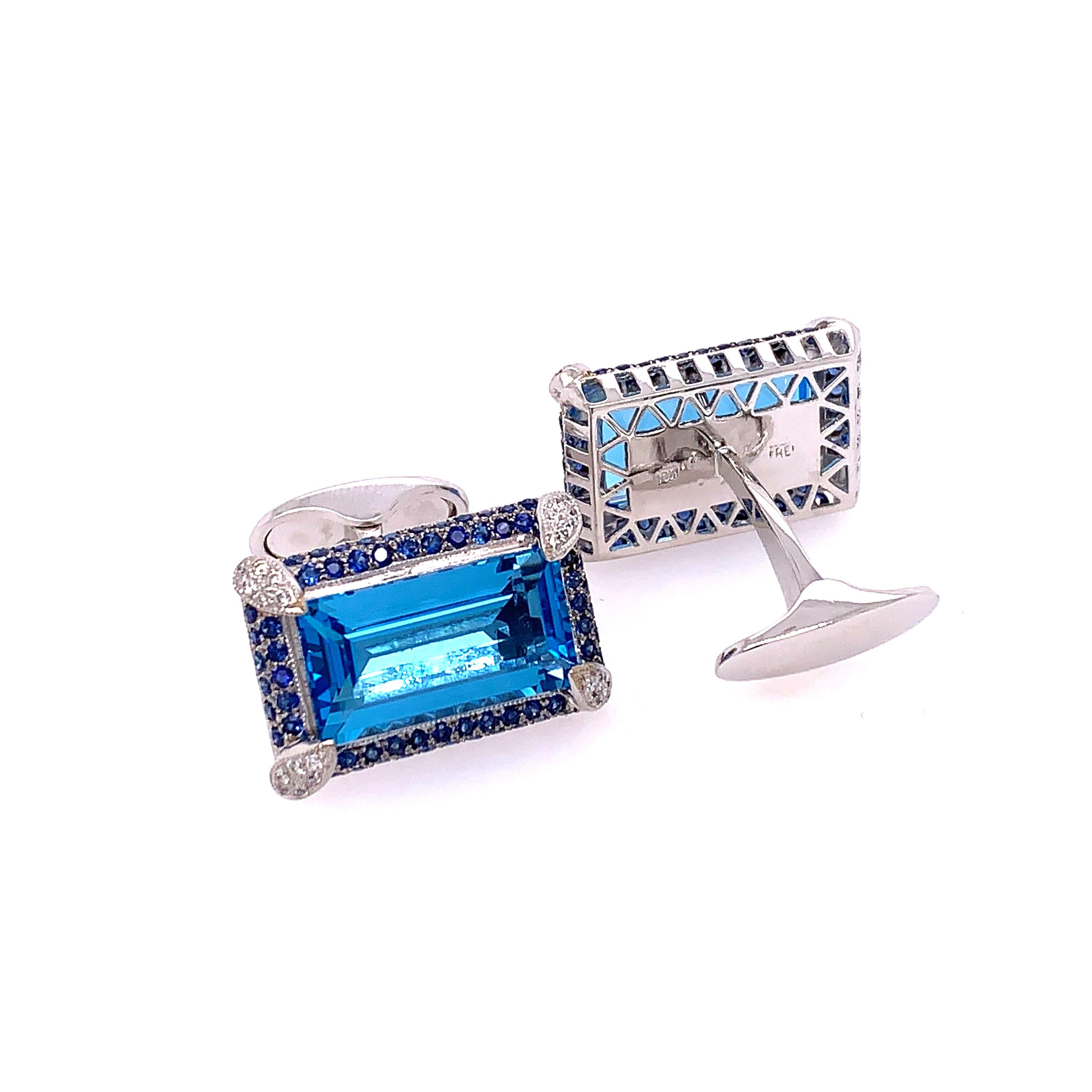 Emerald Cut Topaz, Blue Sapphire and Diamond Cufflinks In Good Condition In New York, NY